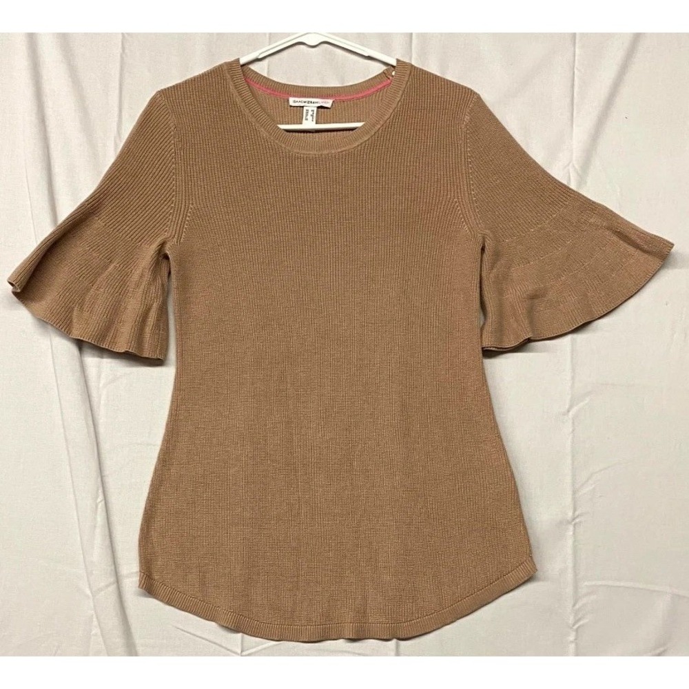 Isaac Mizrahi Live Sweater Womens XS Brown Cotton Ribbed Knit Flare Short Sleeve